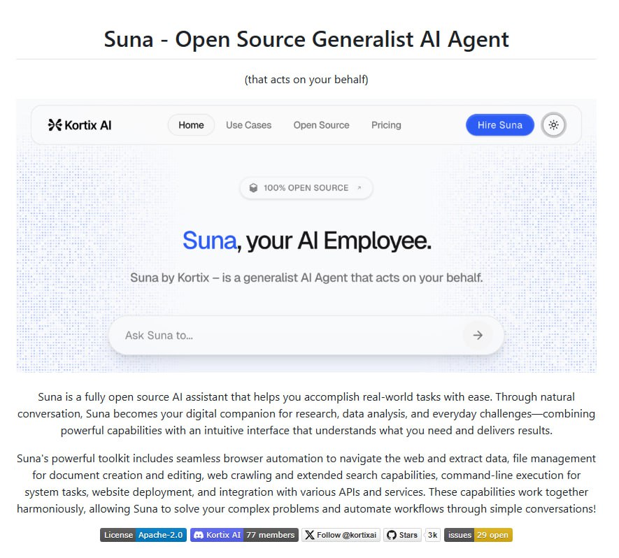 Suna: 开源全能AI助手，轻松搞定复杂任务 (GitHub)
